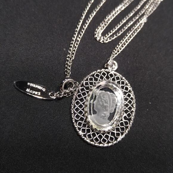 Whiting Davis Crystal Etched Cameo Pendant Necklace, Rhodium Plated, Book Piece - Picture 7 of 10